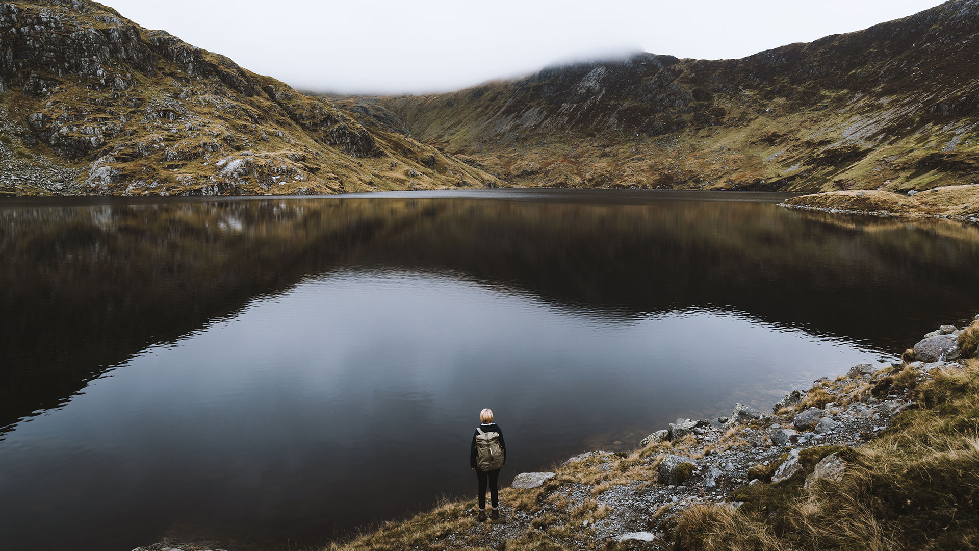 Cliff faces in the Carneddau with a lakeside in the foreground